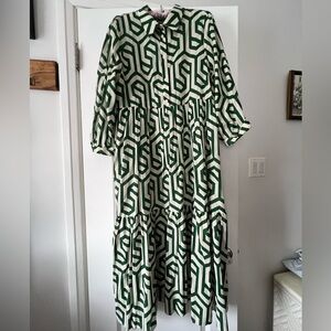 Zara Green and White Geometric Shirt Dress XL